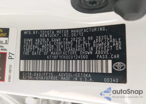 2012 Toyota Camry Se z USA, uszkodzony, nr VIN 4T1BF1FK0CU124560